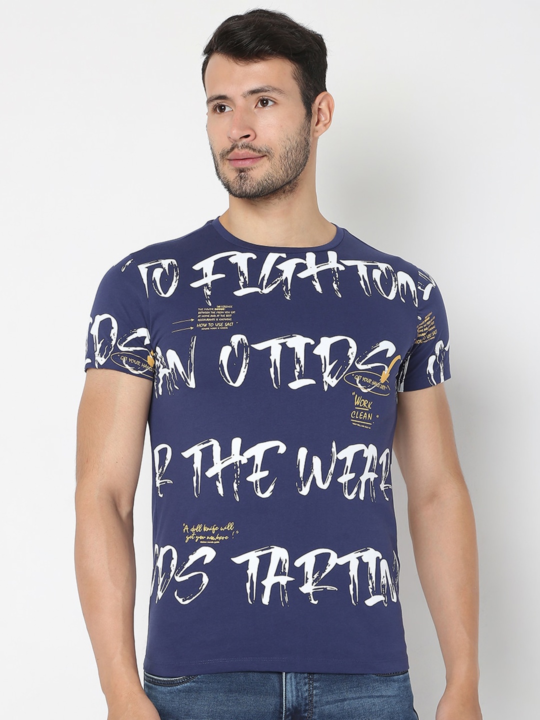 Rex Straut Jeans Men Blue Typography Printed Slim Fit T-shirt