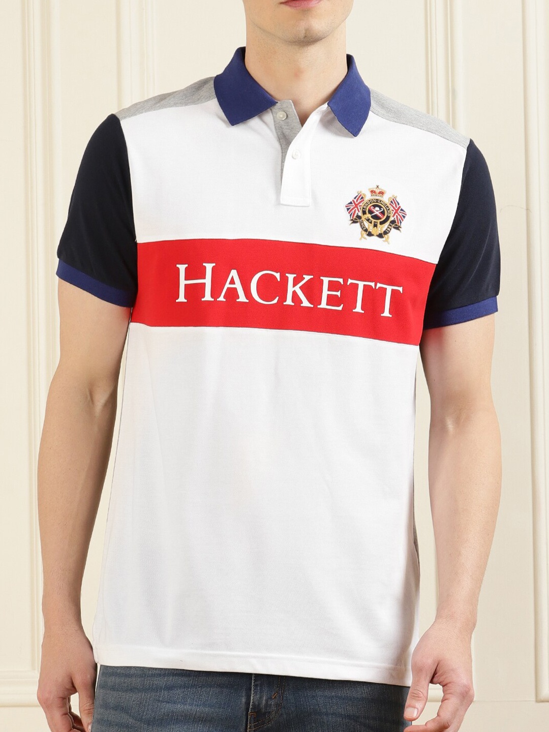 HACKETT LONDON Men White & Red Typography Colourblocked Polo Collar T-shirt