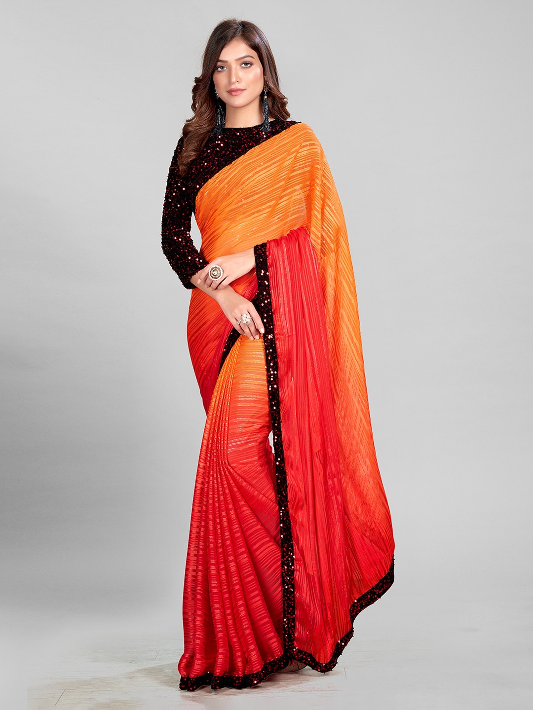 Mitera Orange & Black Sequinned Saree