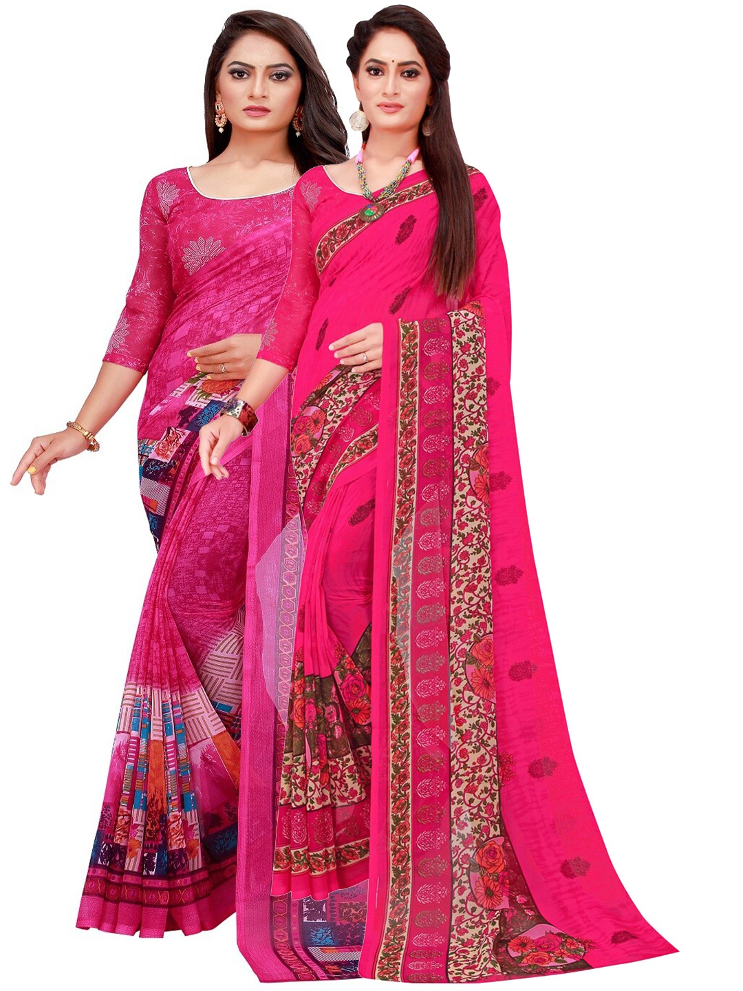 SAADHVI Magenta & Blue Printed Pure Georgette Saree Pack Of 2