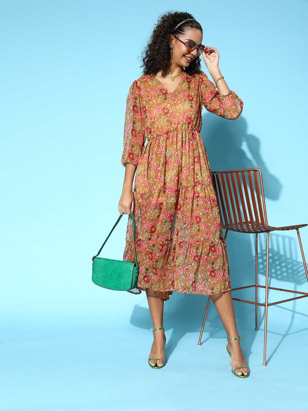 plusS Women Chic Brown Floral Volume Play Dress