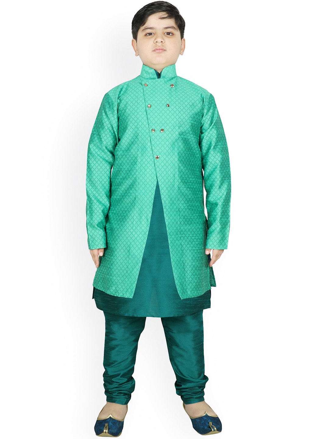 SG YUVRAJ Boys Green Raw Silk Kurta with Pyjamas & Jacket