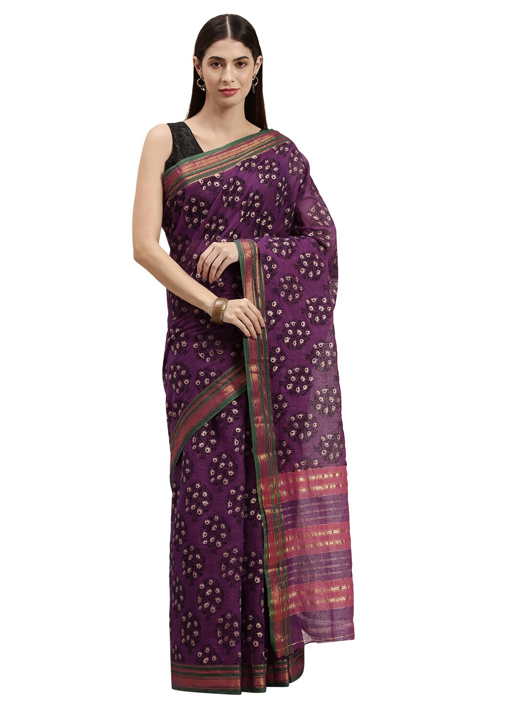 Pavechas Purple & Brown Zari Pure Cotton Venkatgiri Saree