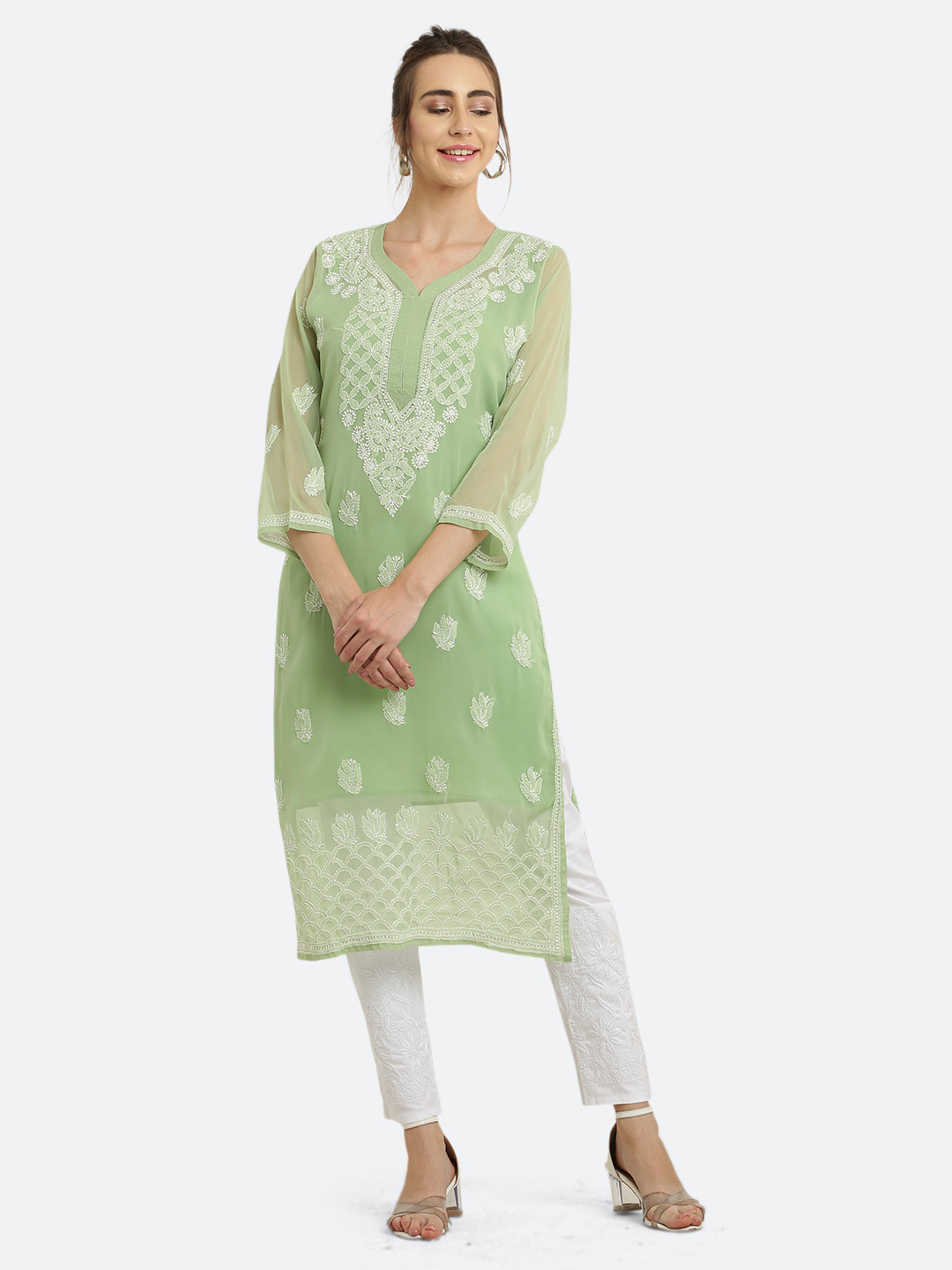 FAWOMENT Women Green Ethnic Motifs Embroidered Flared Sleeves Chikankari Georgette Kurta 
FAWOMENT Women Green Ethnic Motifs Embroidered Flared Sleeves Chikankari Georgette Kurta
