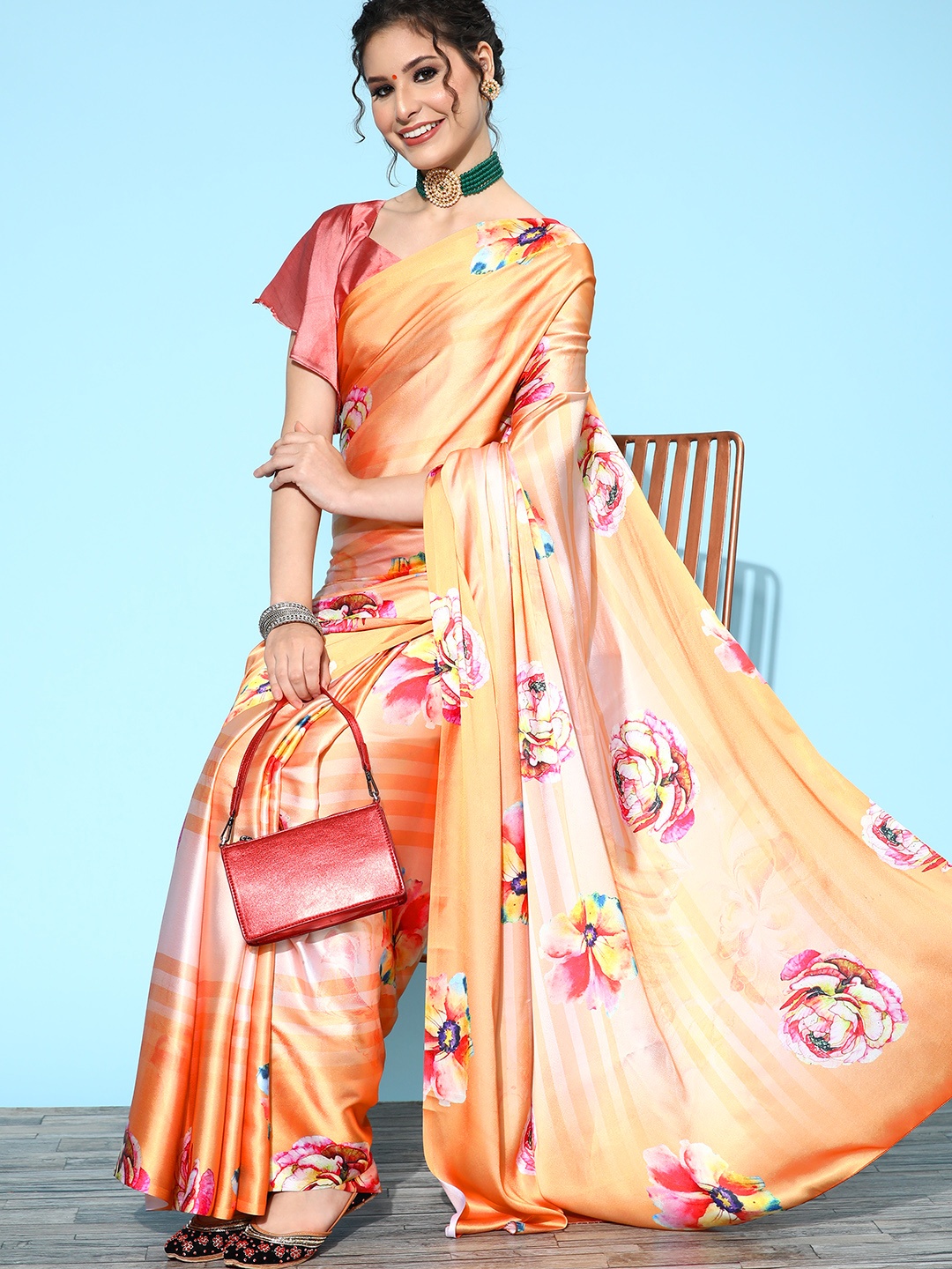 Saree mall Floral Saree with Solid Border, Peach