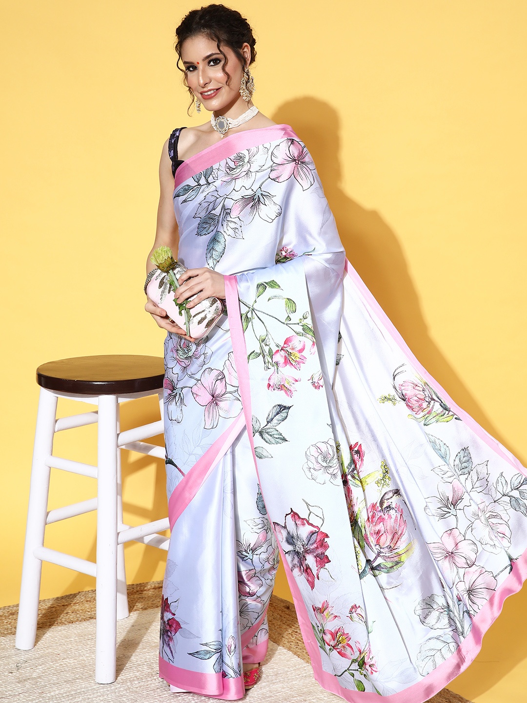 Saree mall Floral Saree with Solid Border, Blue