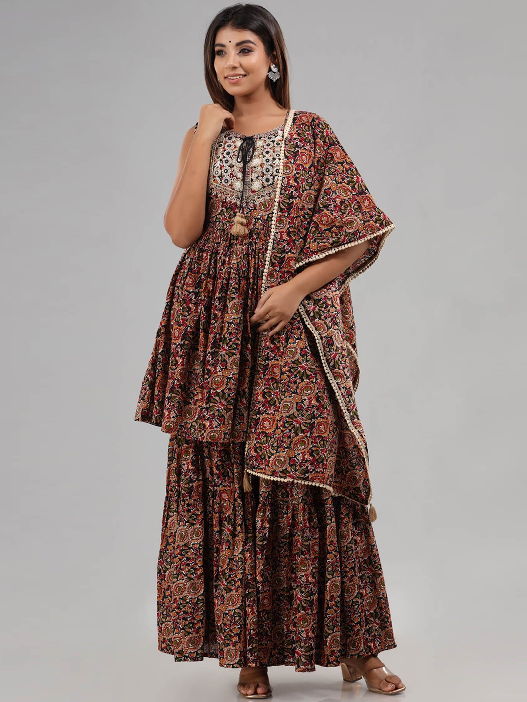 FASHION DWAR Women Brown Floral Printed Pleated Pure Cotton Kurti with Sharara & With Dupatta
FASHION DWAR Women Brown Floral Printed Pleated Pure Cotton Kurti with Sharara & With Dupatta