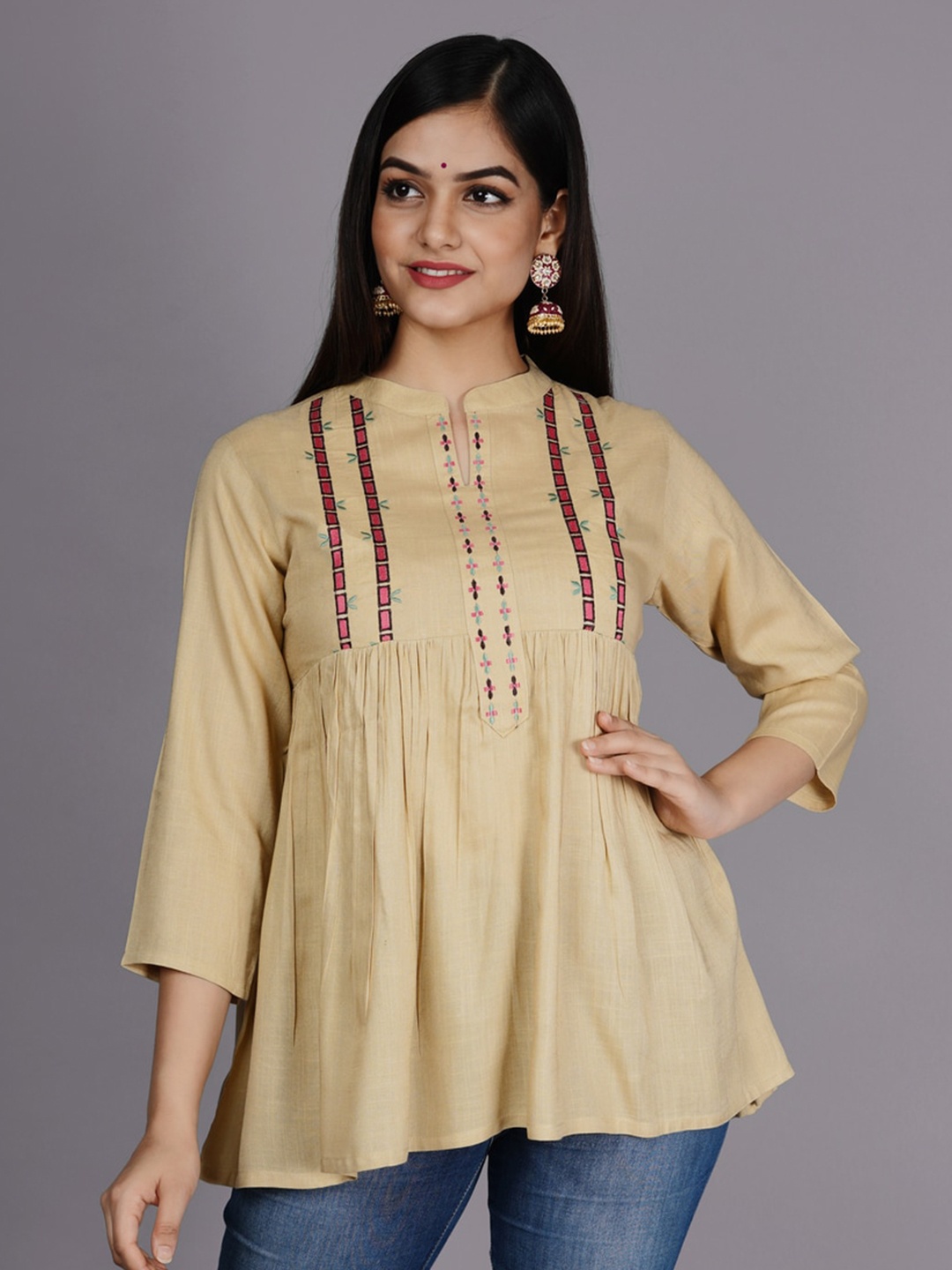 NITVAN Brown Embellished Mandarin Collar A-Line Top