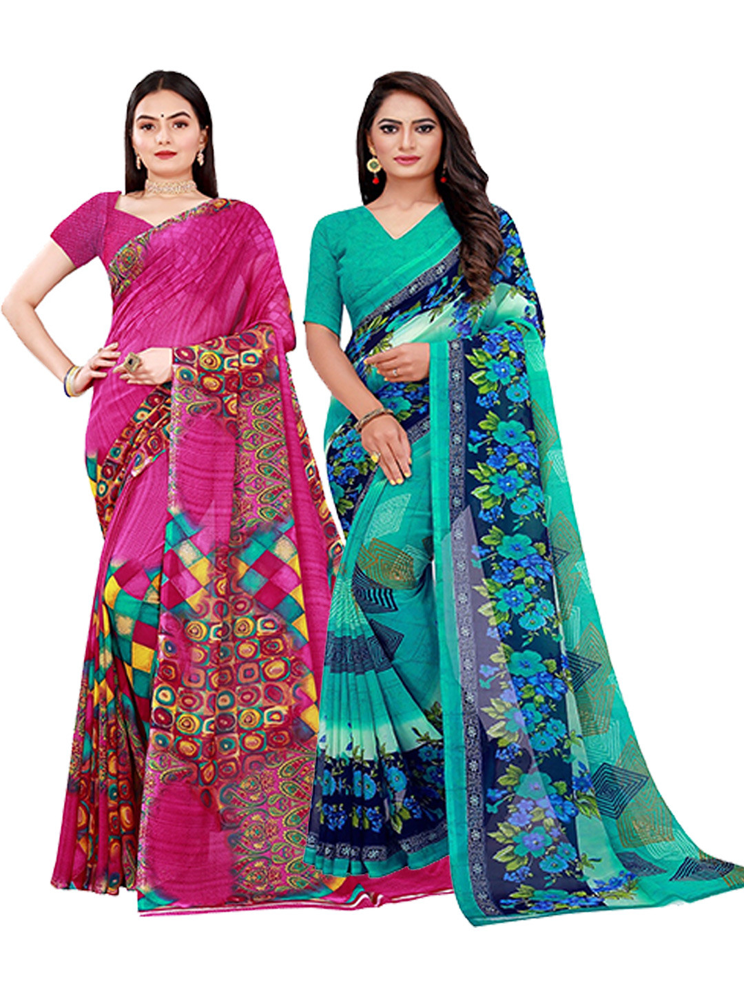 SAADHVI Pack of 2 Printed Pure Georgette Saree, Green 
SAADHVI Pack of 2 Printed Pure Georgette Saree, Green