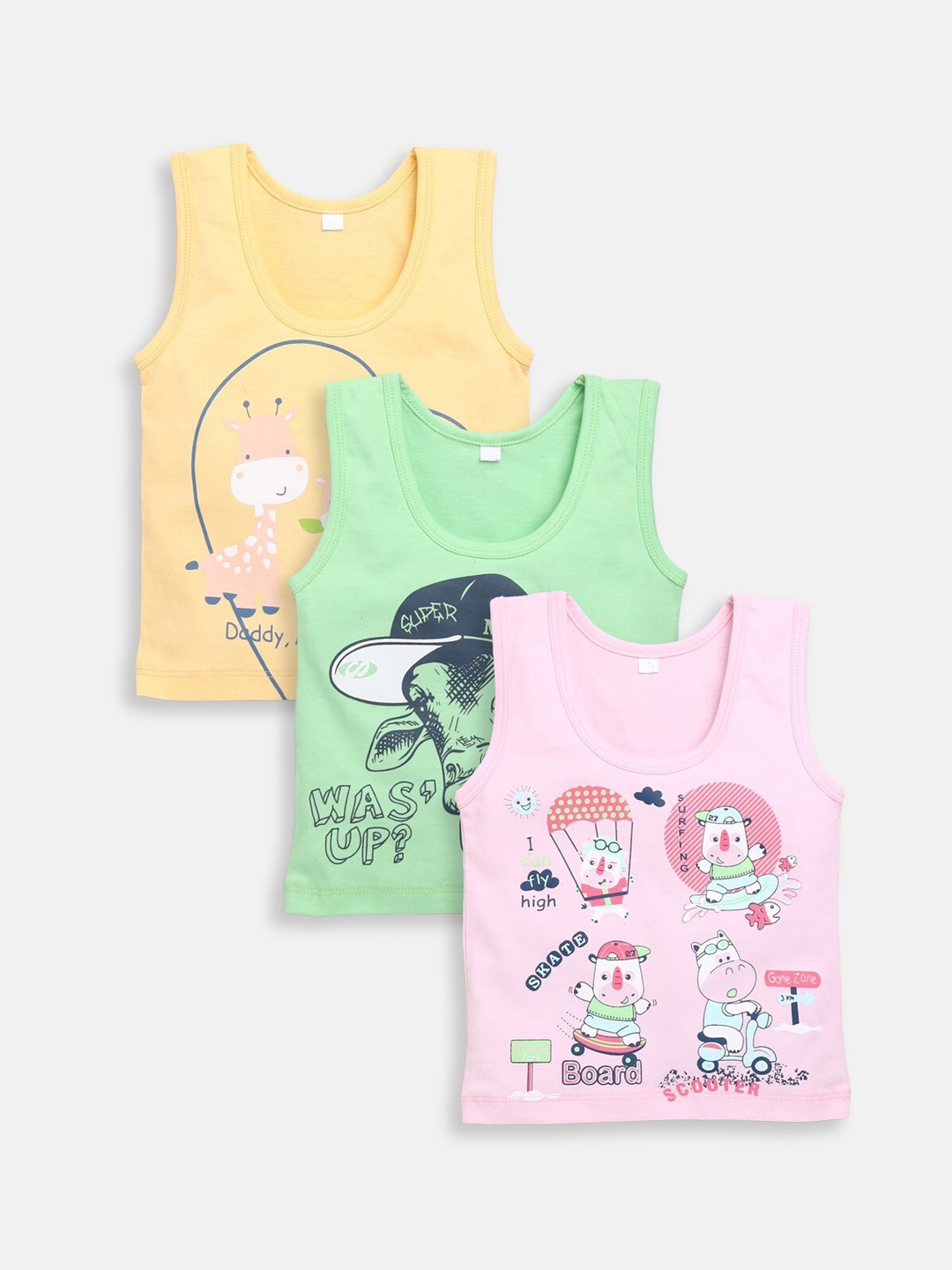 JBN Creation KIds Pack of 3 Printed Cotton Innerwear Vests, Yellow