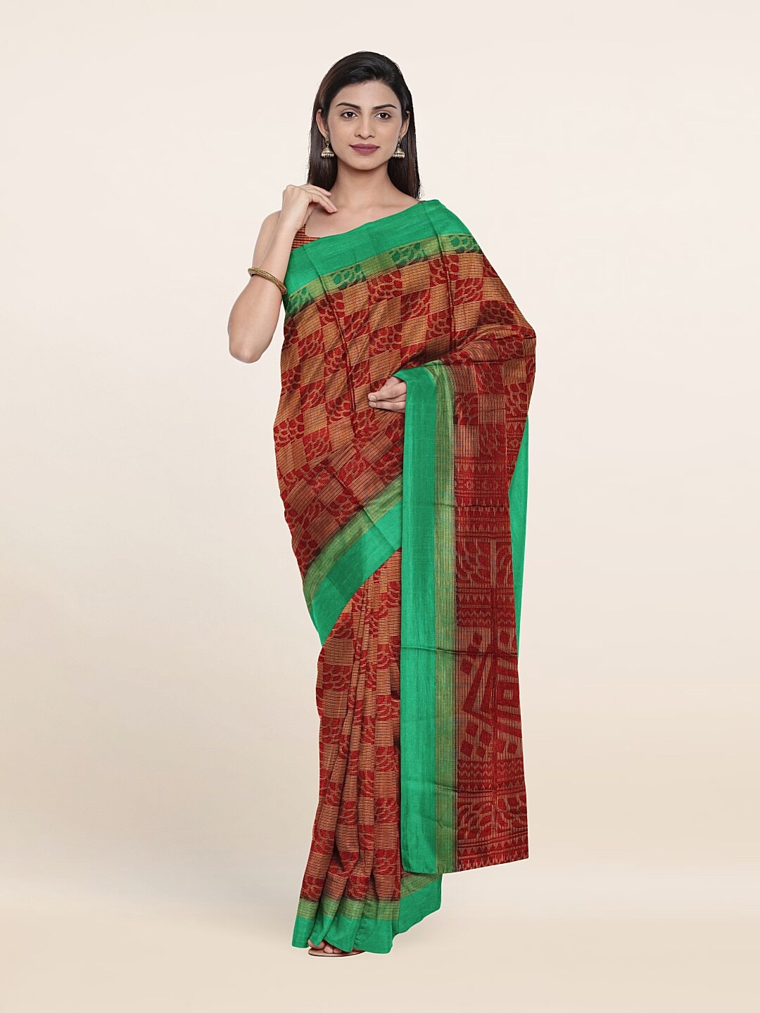 Pothys Rust & Green Printed Saree