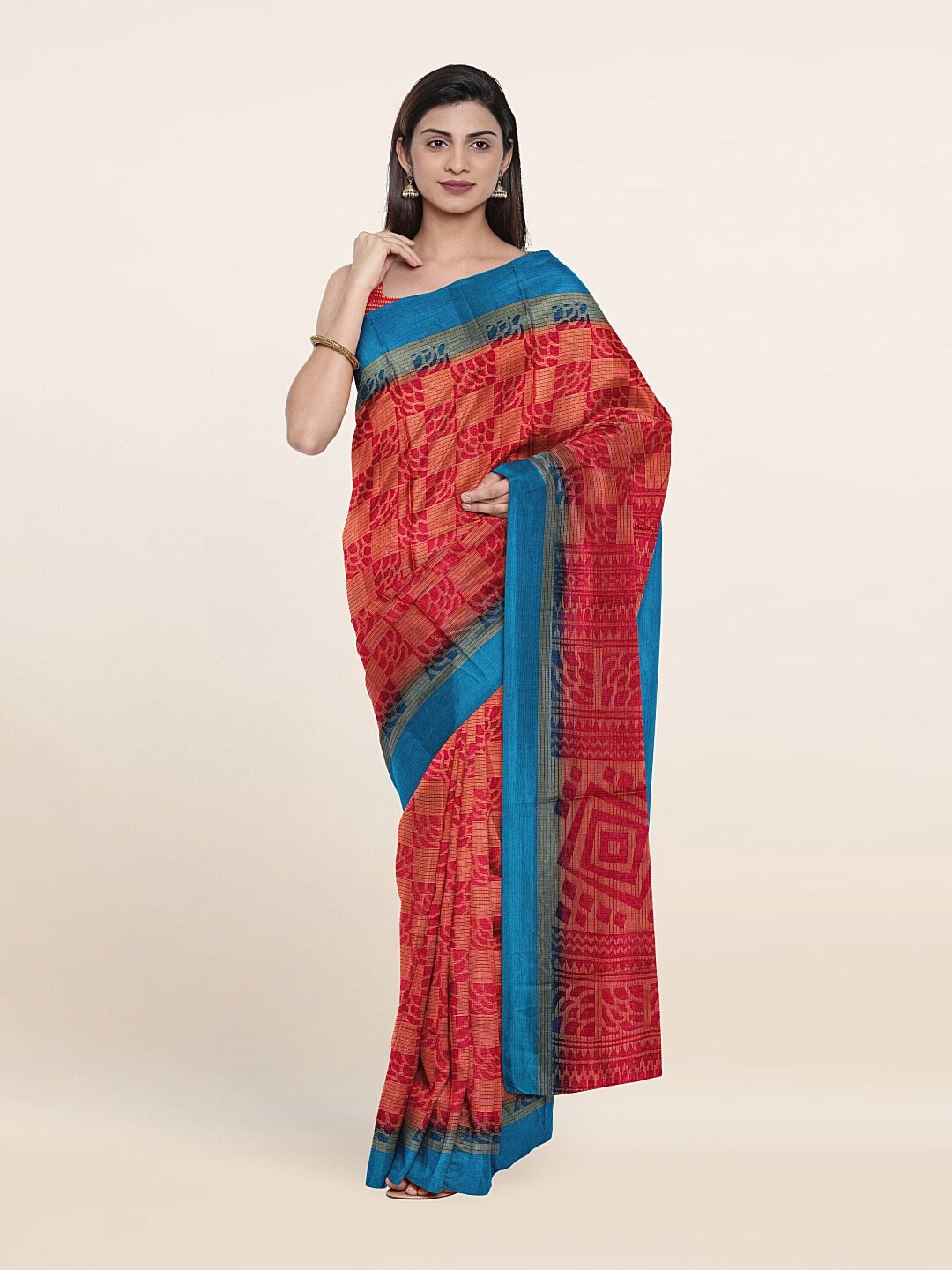 Pothys Pink & Blue Cotton Blend Printed Saree