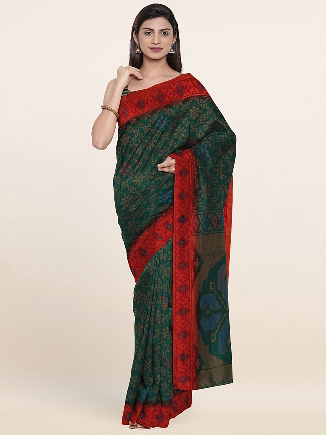 Pothys Green & Red Floral Printed Zari Saree