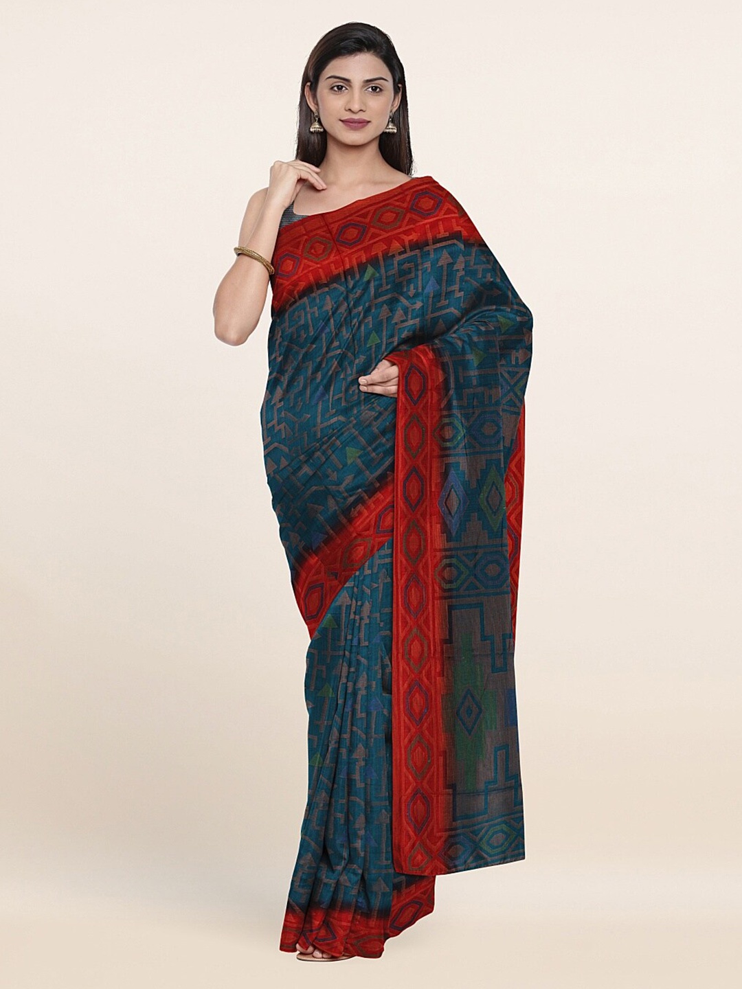 Pothys Blue & Red Printed Saree