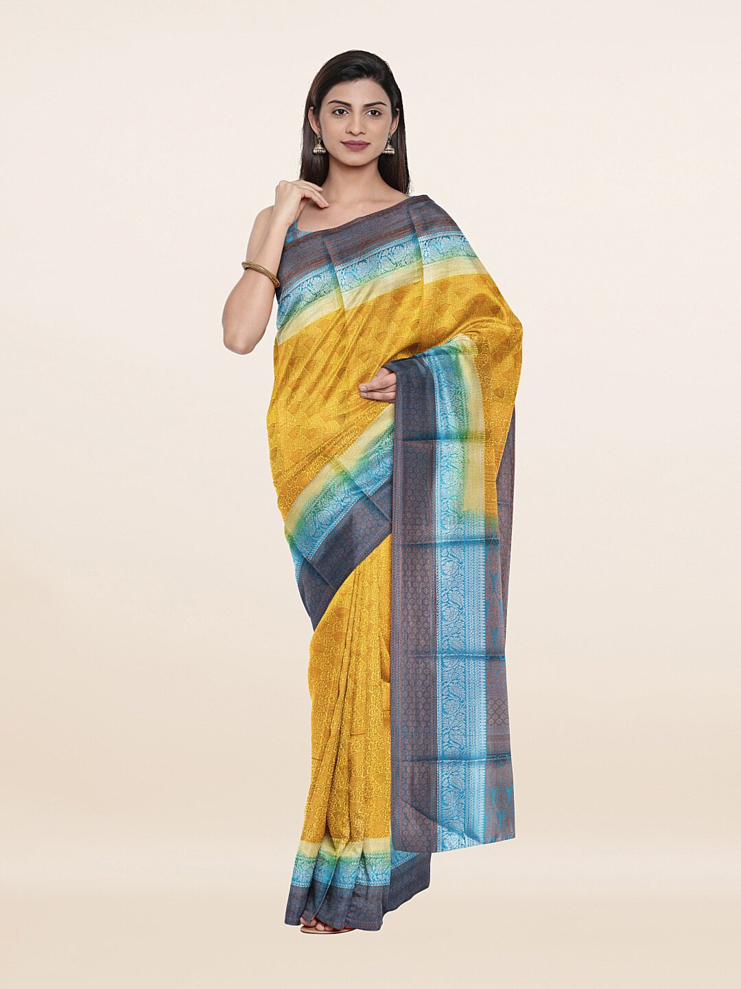 Pothys Yellow & Blue Ethnic Motifs Zari Art Silk Banarasi Saree 
Pothys Yellow & Blue Ethnic Motifs Zari Art Silk Banarasi Saree