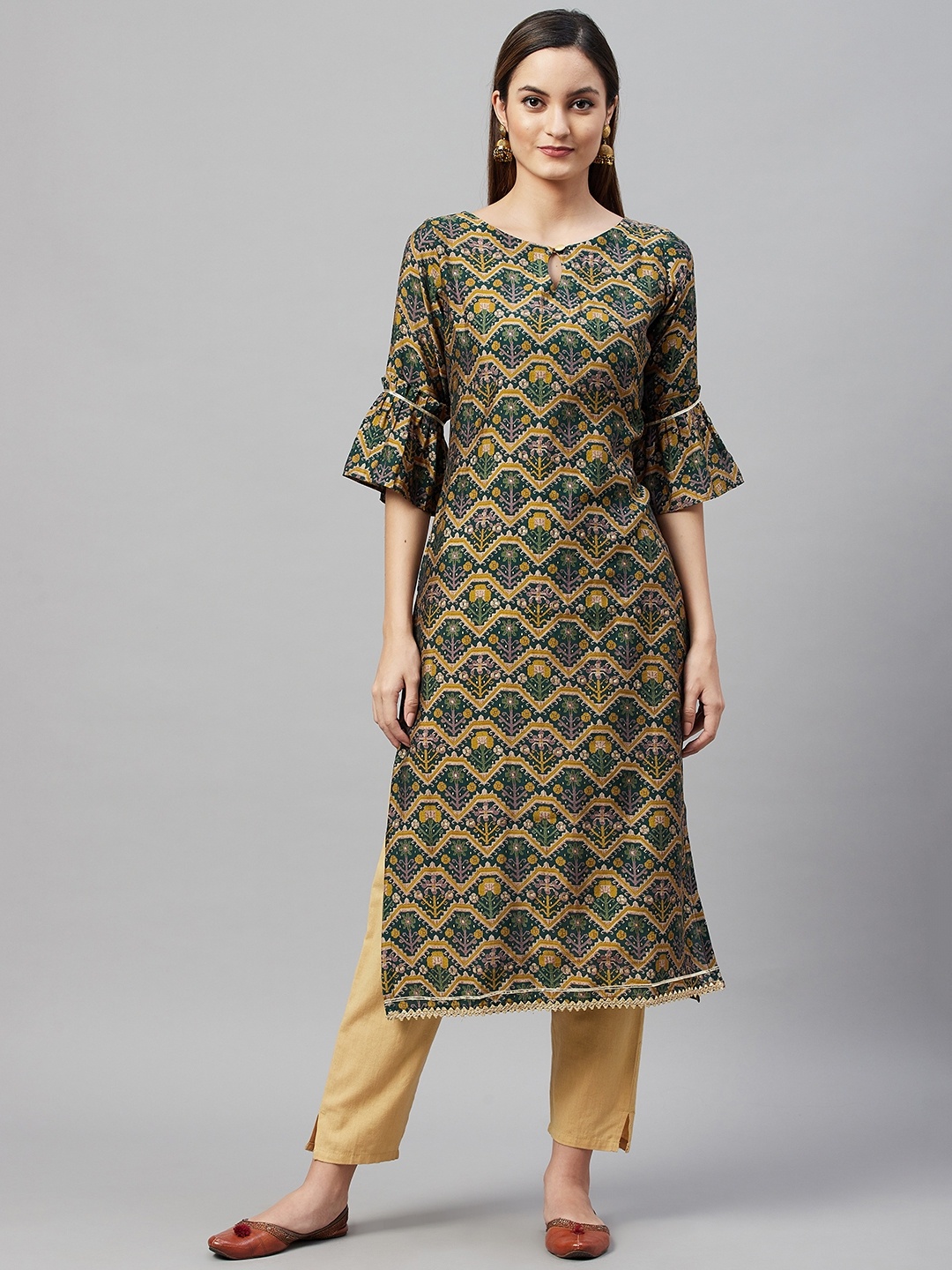 V TRADITION Women Green & Mustard Yellow Floral Print Keyhole Neck Flared Sleeves Kurta
V TRADITION Women Green & Mustard Yellow Floral Print Keyhole Neck Flared Sleeves Kurta