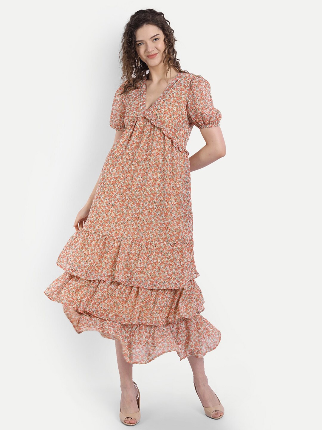 MINGLAY Beige & Orange Floral Georgette A-Line Ruffled Midi Dress