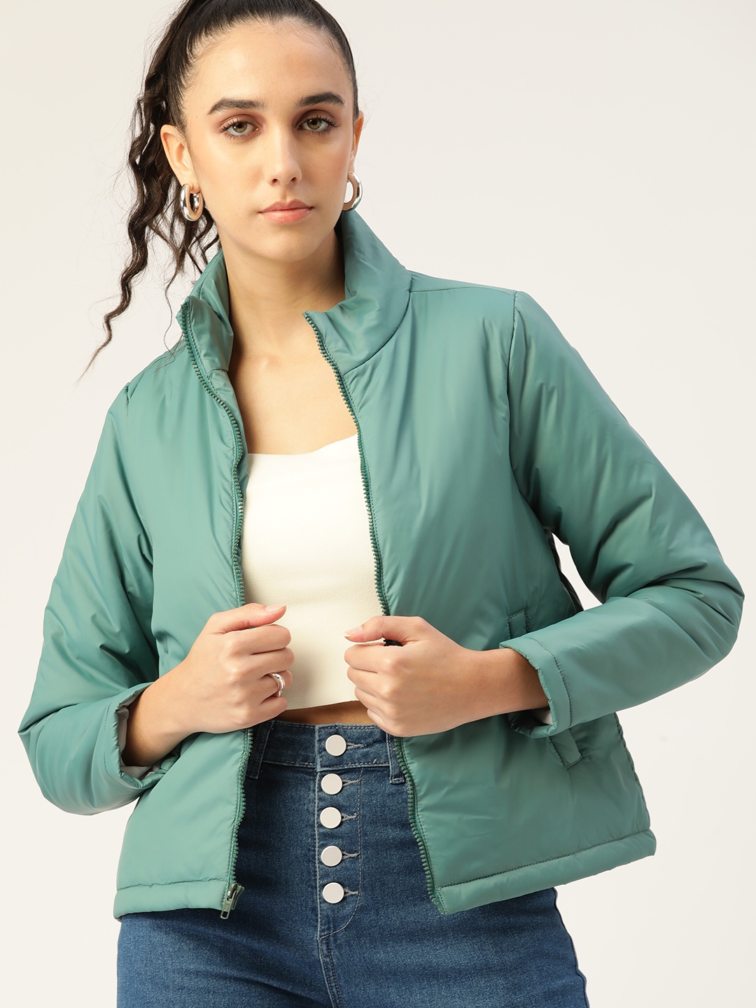 DressBerry Women Sea Green Solid Padded Jacket