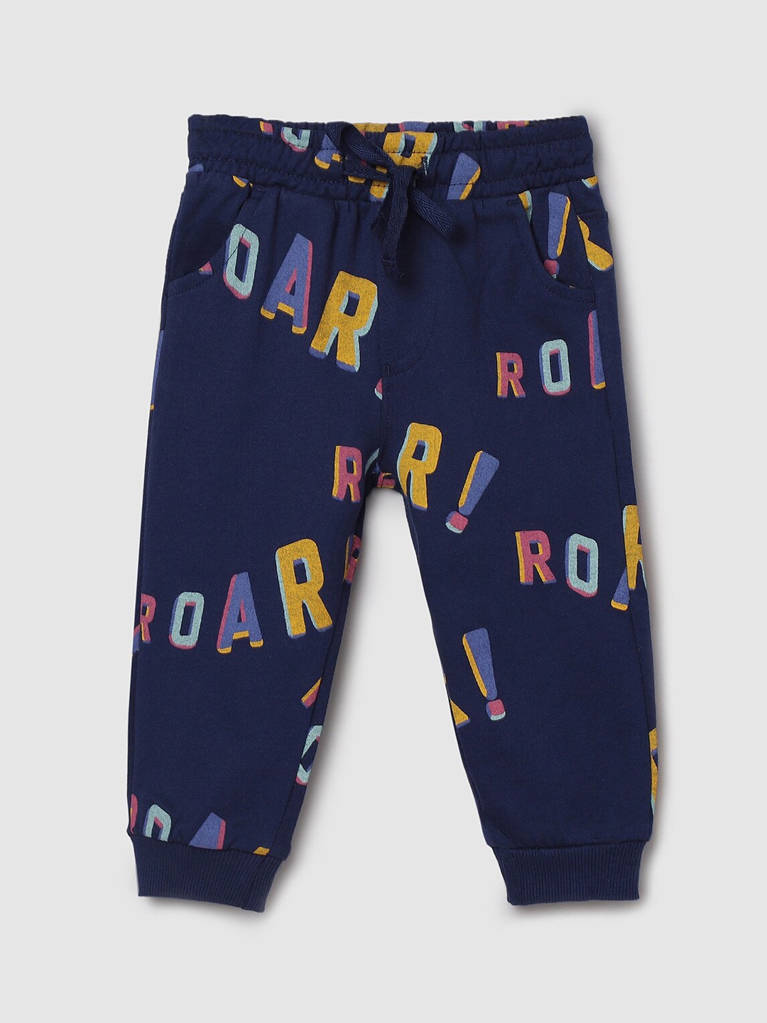 max Boys Navy Blue Printed Cotton Track Pants