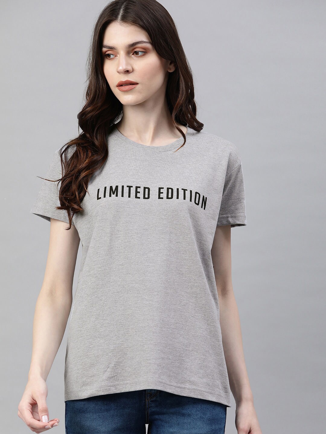 DILLINGER Women Grey Melange Typography Printed Cotton T-shirt