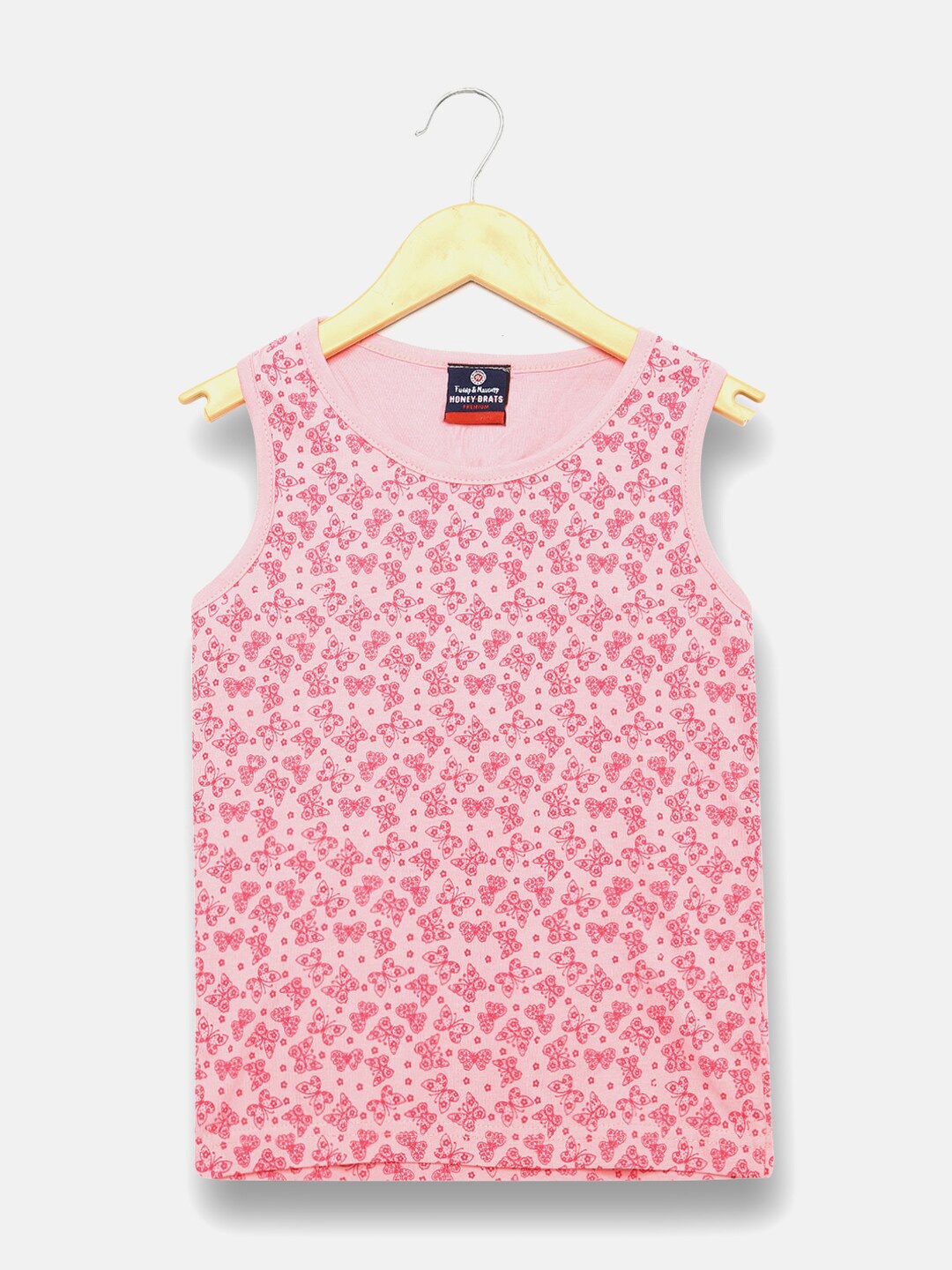 V2 Value & Variety Girls Pink & Red Printed Pure Cotton Tank Top