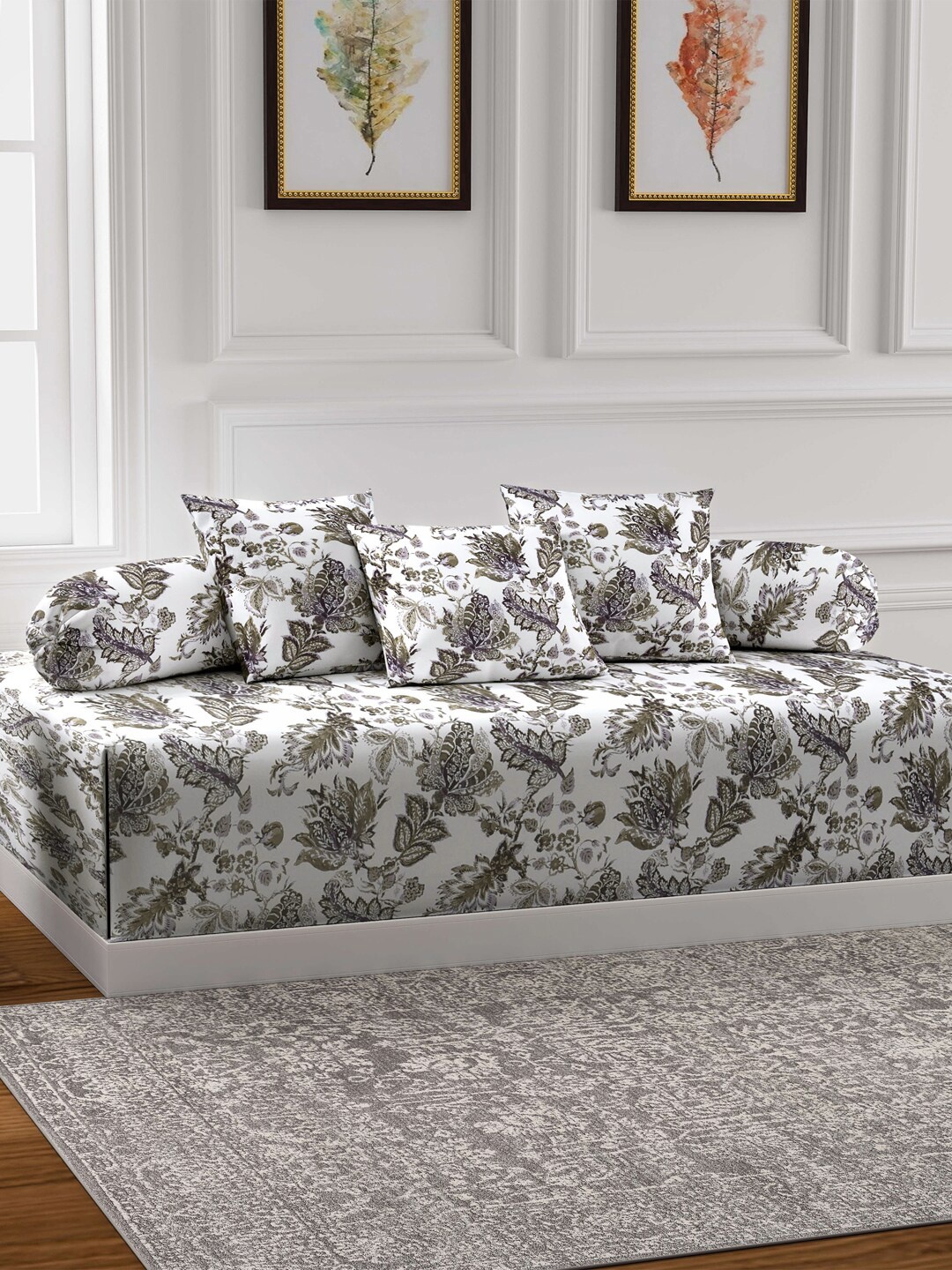 KLOTTHE Set of 6 White & Grey Floral Printed Diwan Set