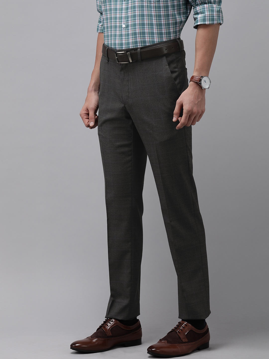 Van Heusen Men Grey Checked Slim Fit Formal Trousers