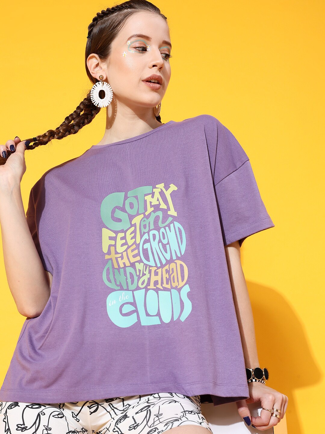 STREET 9 Women Lavender Typography Printed High Neck Extended Sleeves Bio Finish Oversized T-shirt
STREET 9 Women Lavender Typography Printed High Neck Extended Sleeves Bio Finish Oversized T-shirt