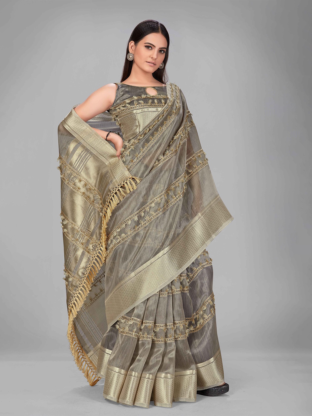 MANOHARI Grey & Golden Striped Zari Silk Blend Saree