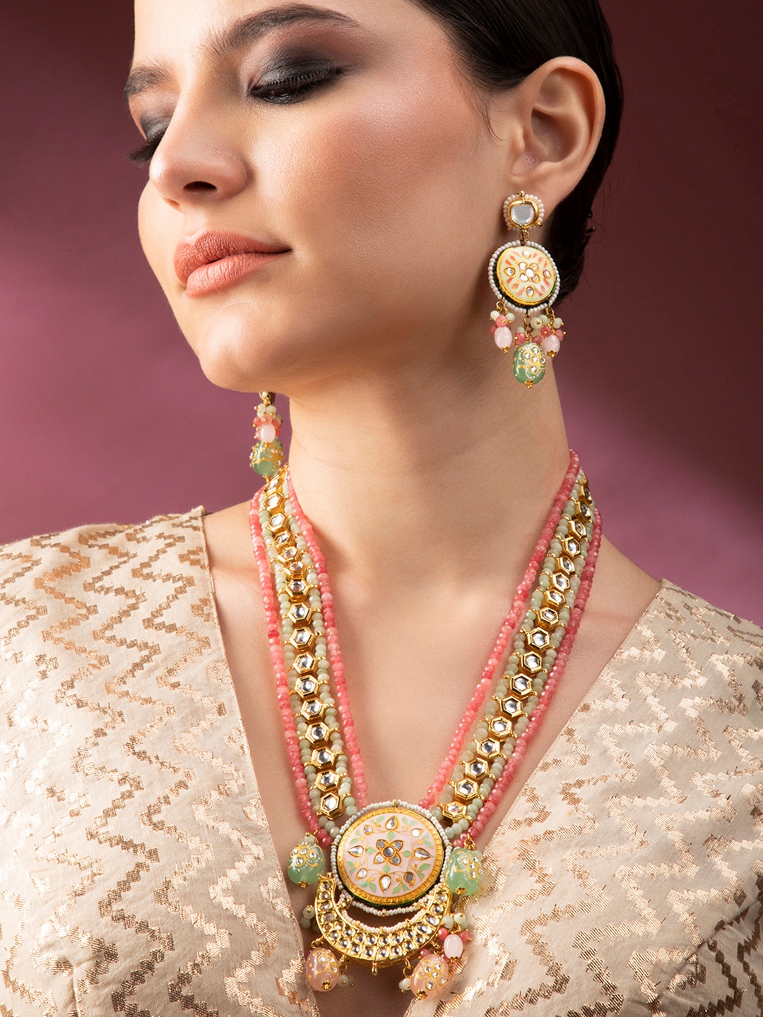 Rubans Gold -Plated Pink & Mint Kundan Studded Jewellery Set