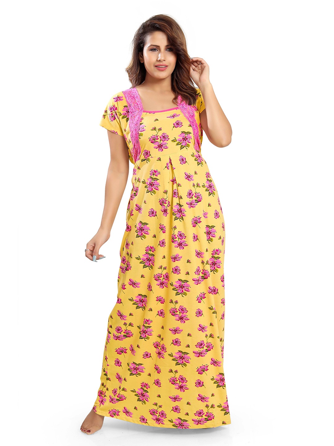 Ever Loved Yellow & Pink Floral Printed Maternity Maxi Nightdress