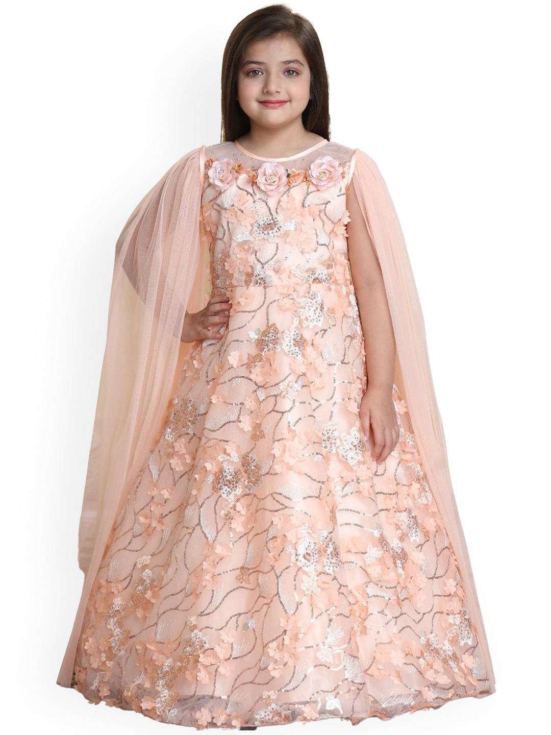 BETTY Kids Peach-Coloured Self Design Net Gown