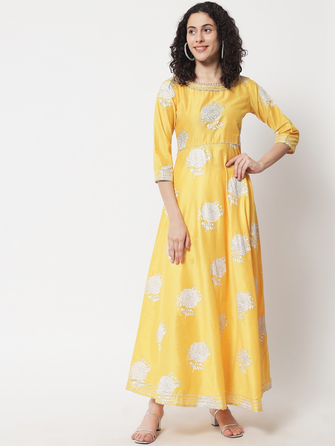 Ramas Women Yellow Floral Printed Chanderi Silk Anarkali Kurta