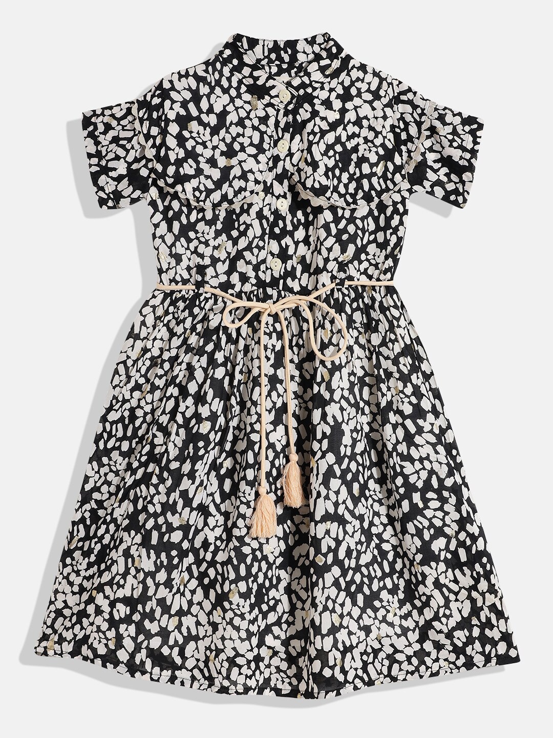 Bella Moda Girls Black Animal Peter Pan Collar Pure Cotton Fit & Flare Dress