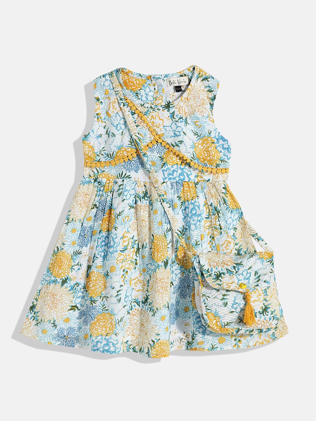 Bella Moda White & Yellow Pure Cotton Floral Print Empire Dress with Sling Bag