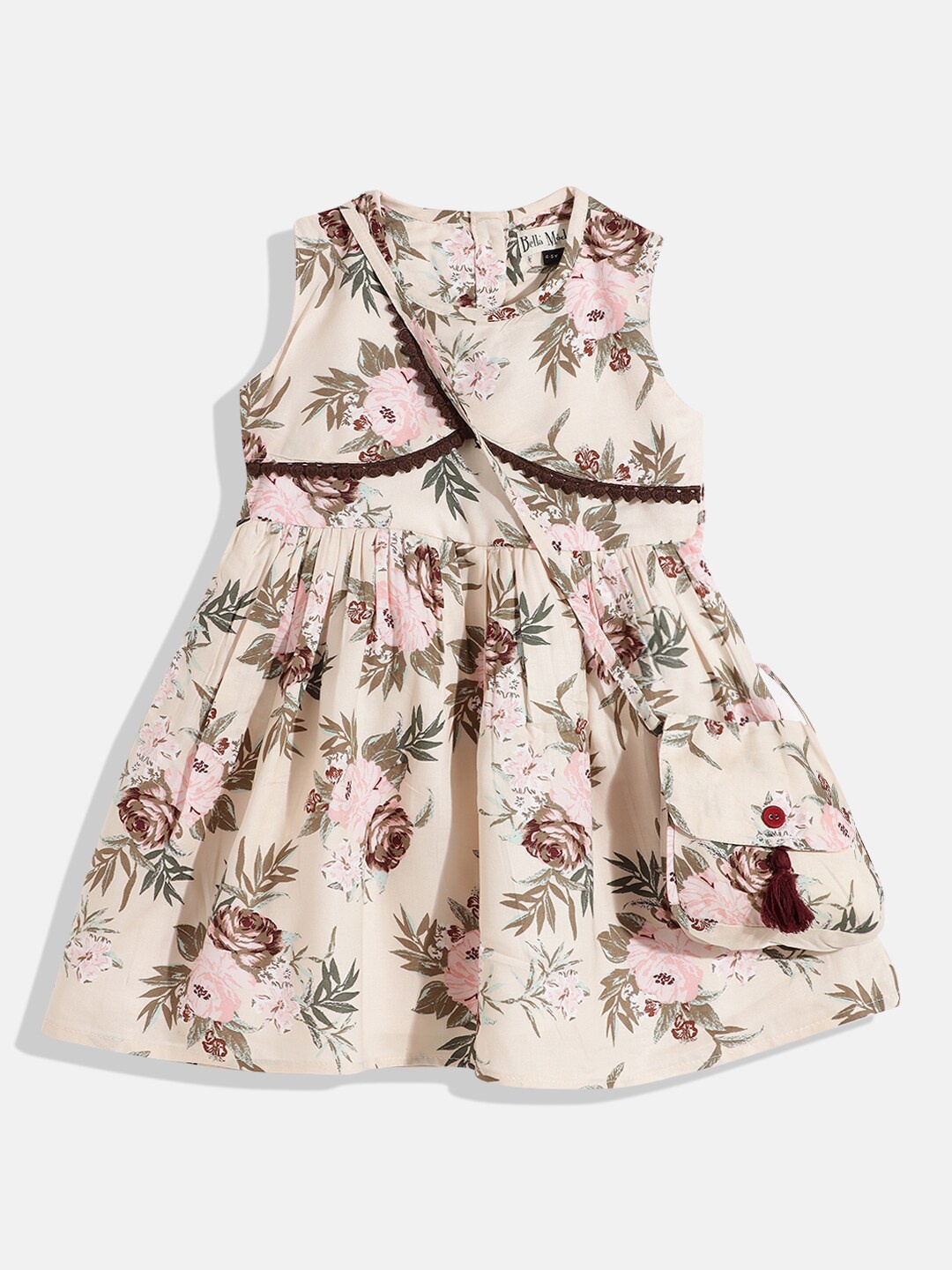 Bella Moda Girls Off-White & Pink Floral Pure Cotton Fit & Flare Dress With Sling Bag
Bella Moda Girls Off-White & Pink Floral Pure Cotton Fit & Flare Dress With Sling Bag
