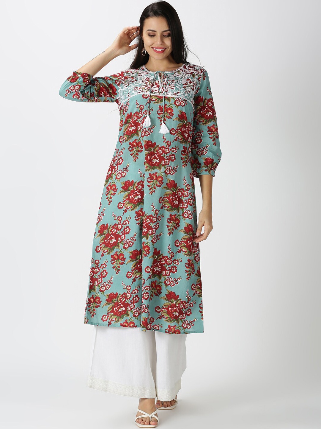 Saffron Threads Women Turquoise Blue & Red Floral Embroidered Chikankari Pure Cotton A-Line Kurta
Saffron Threads Women Turquoise Blue & Red Floral Embroidered Chikankari Pure Cotton A-Line Kurta