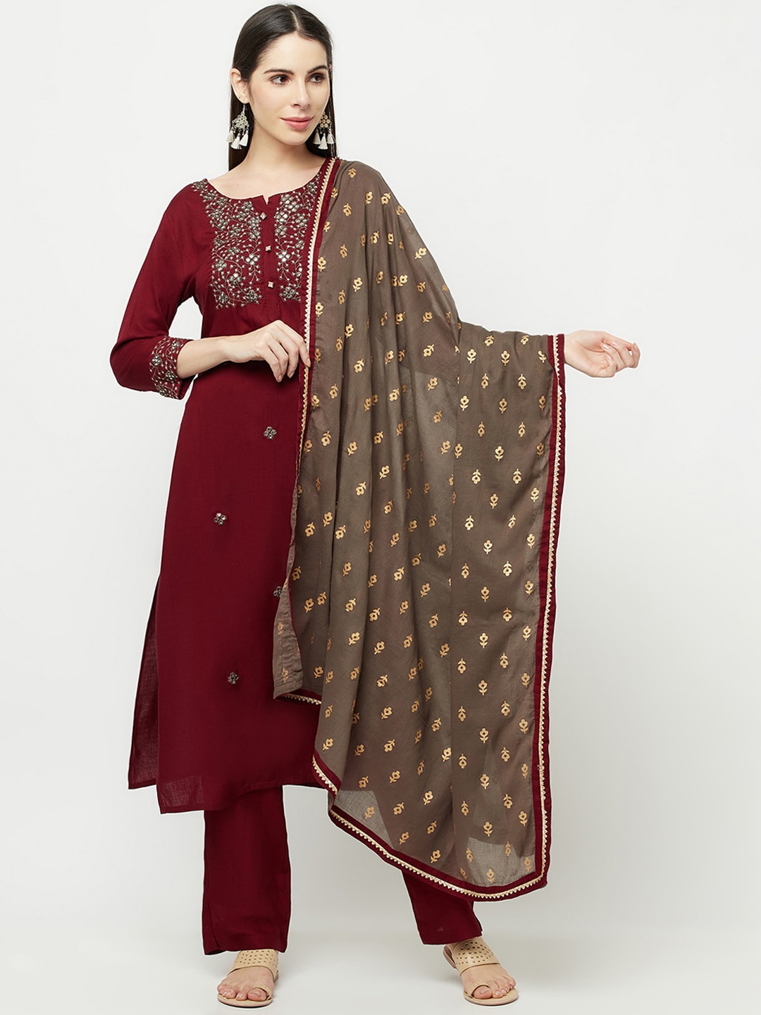 Senyora Women Maroon Ethnic Motifs Mirror Work Liva Kurta with Trousers & Dupatta
Senyora Women Maroon Ethnic Motifs Mirror Work Liva Kurta with Trousers & Dupatta