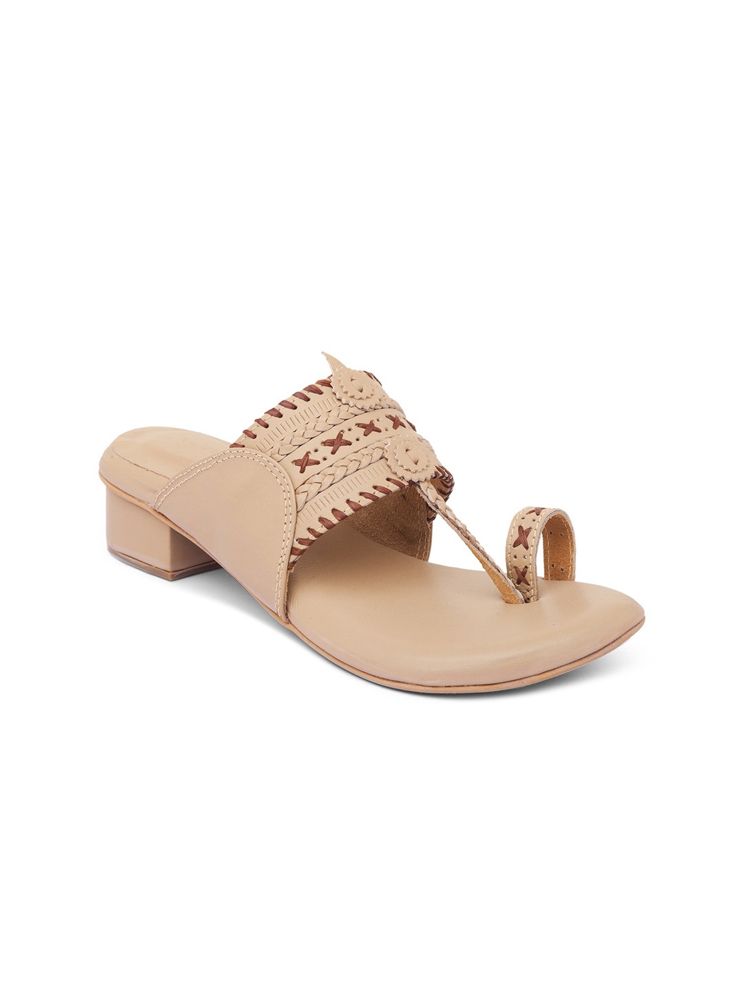 BLUE BAKSA Beige Leather Kolhapuri Ethnic Block Heels