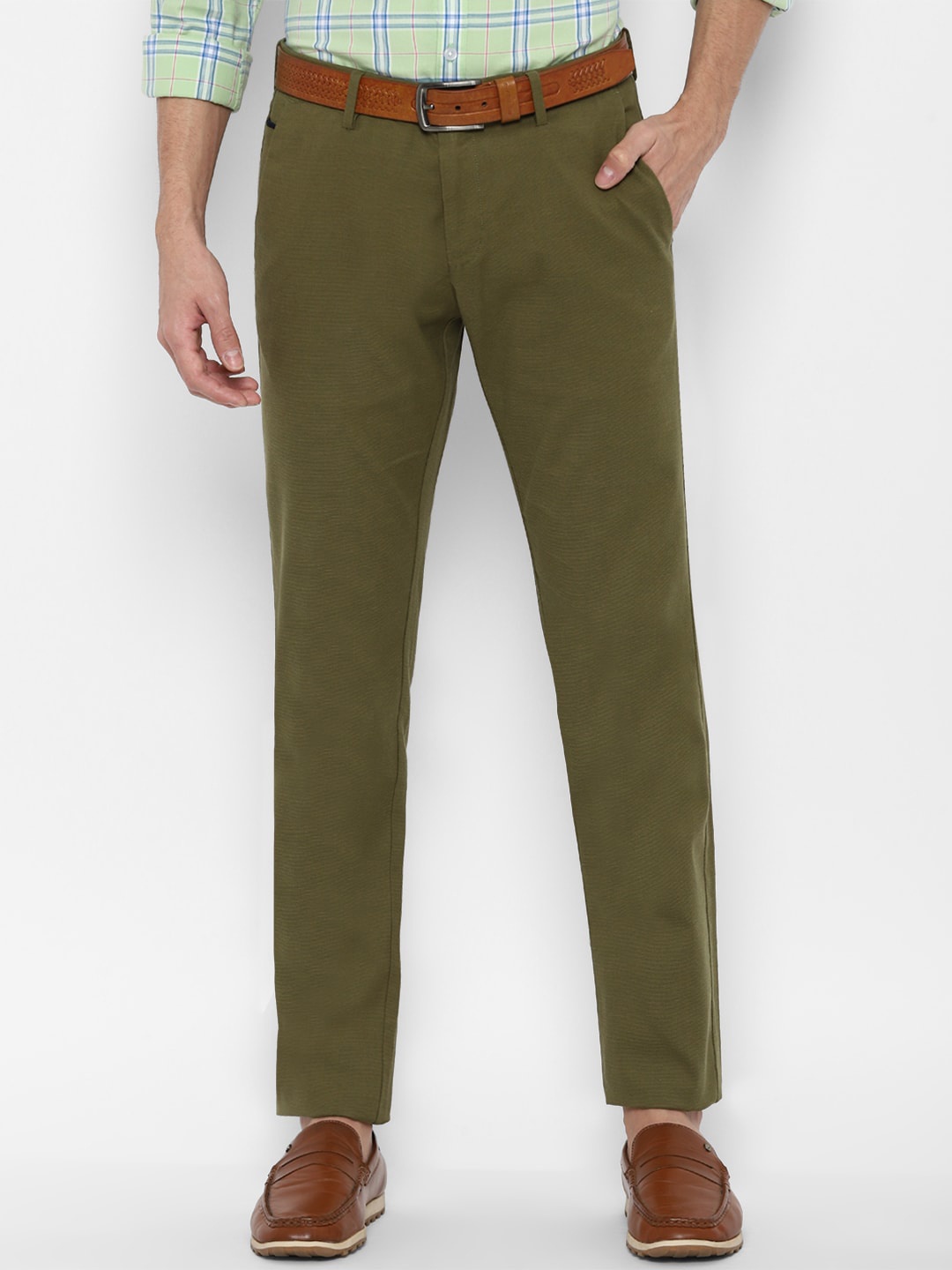 Allen Solly Men Olive Green Solid Slim Fit Cotton Trousers