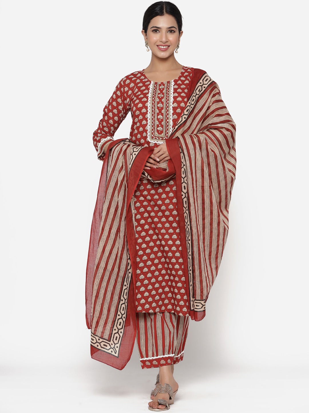 ETHNIC STREET Women Maroon Floral Printed Pure Cotton Kurta with Salwar & With Dupatta