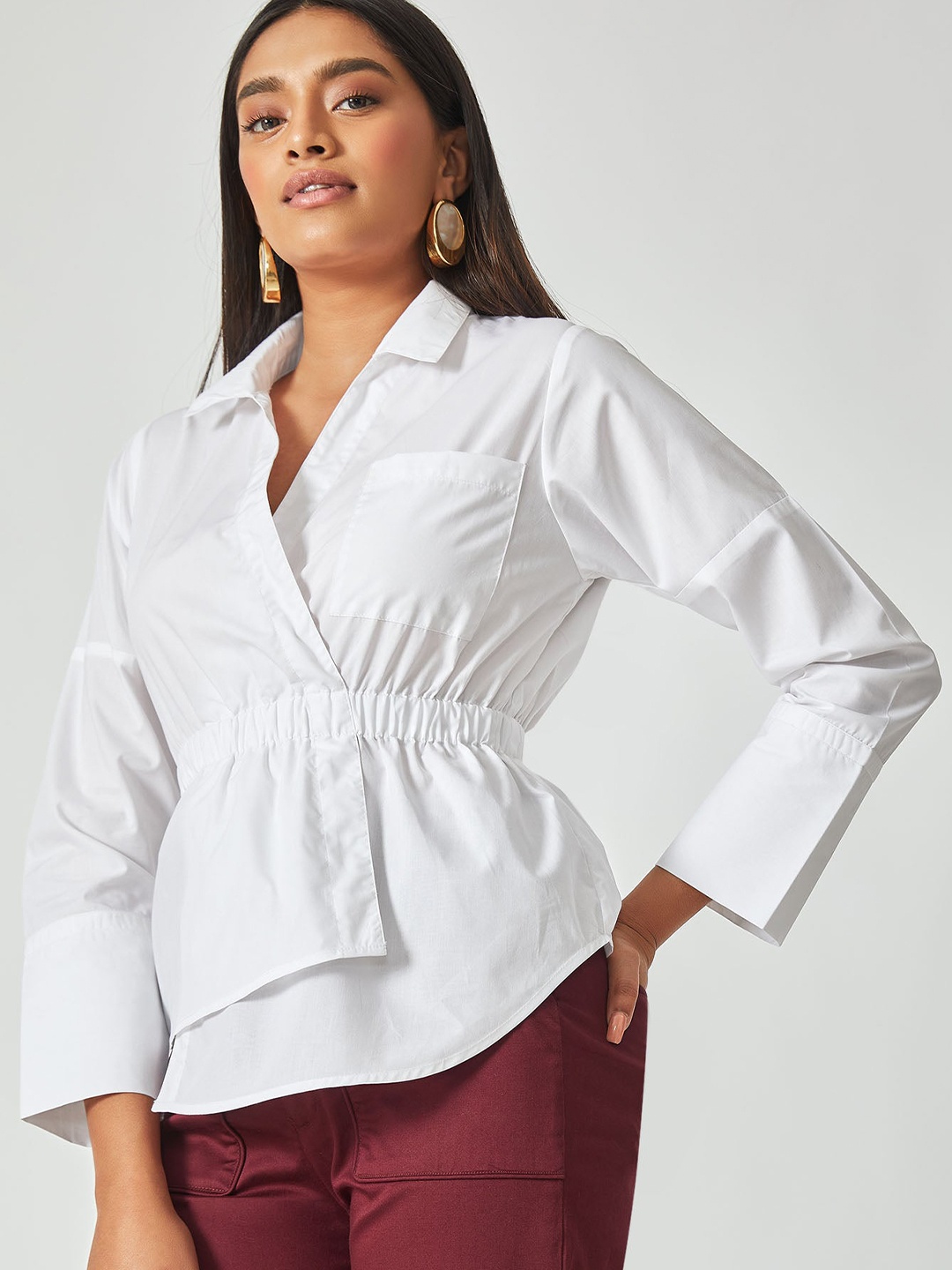 The Label Life Women White Asymmetric Cinched Shirt