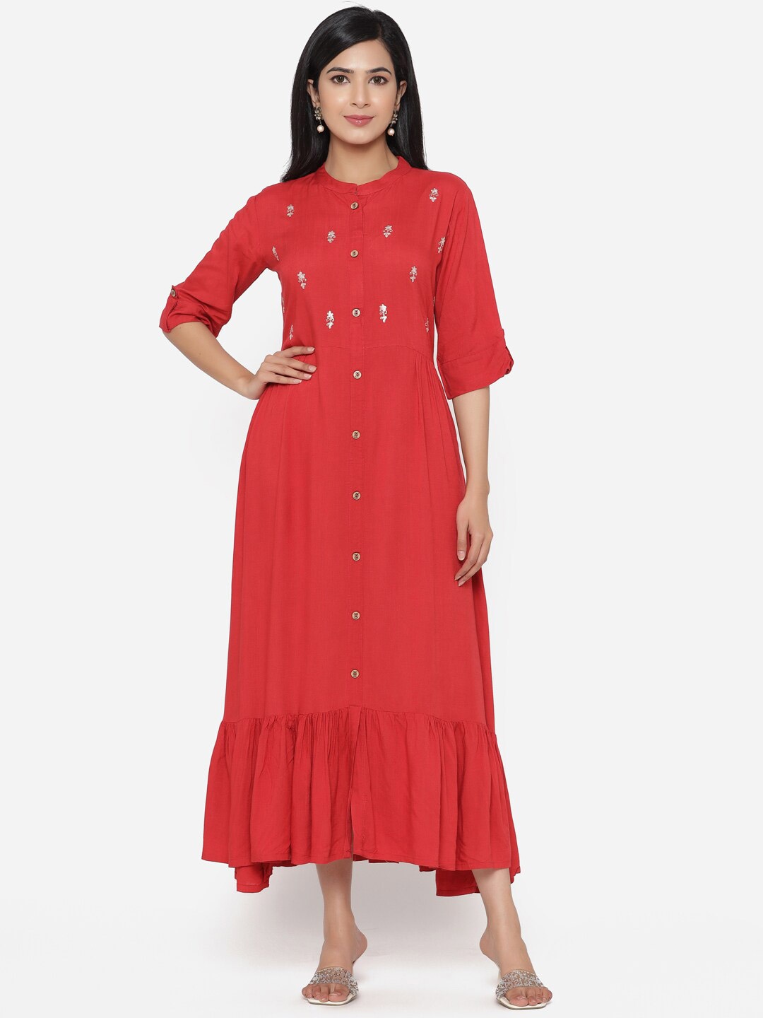 ETHNIC STREET Women Maroon Floral Embroidered Maxi Dress
