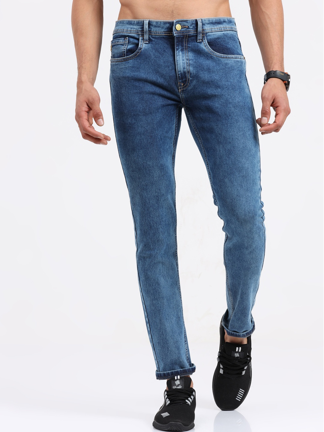 Old Grey Men Blue Slim Fit Heavy Fade Stretchable Jeans