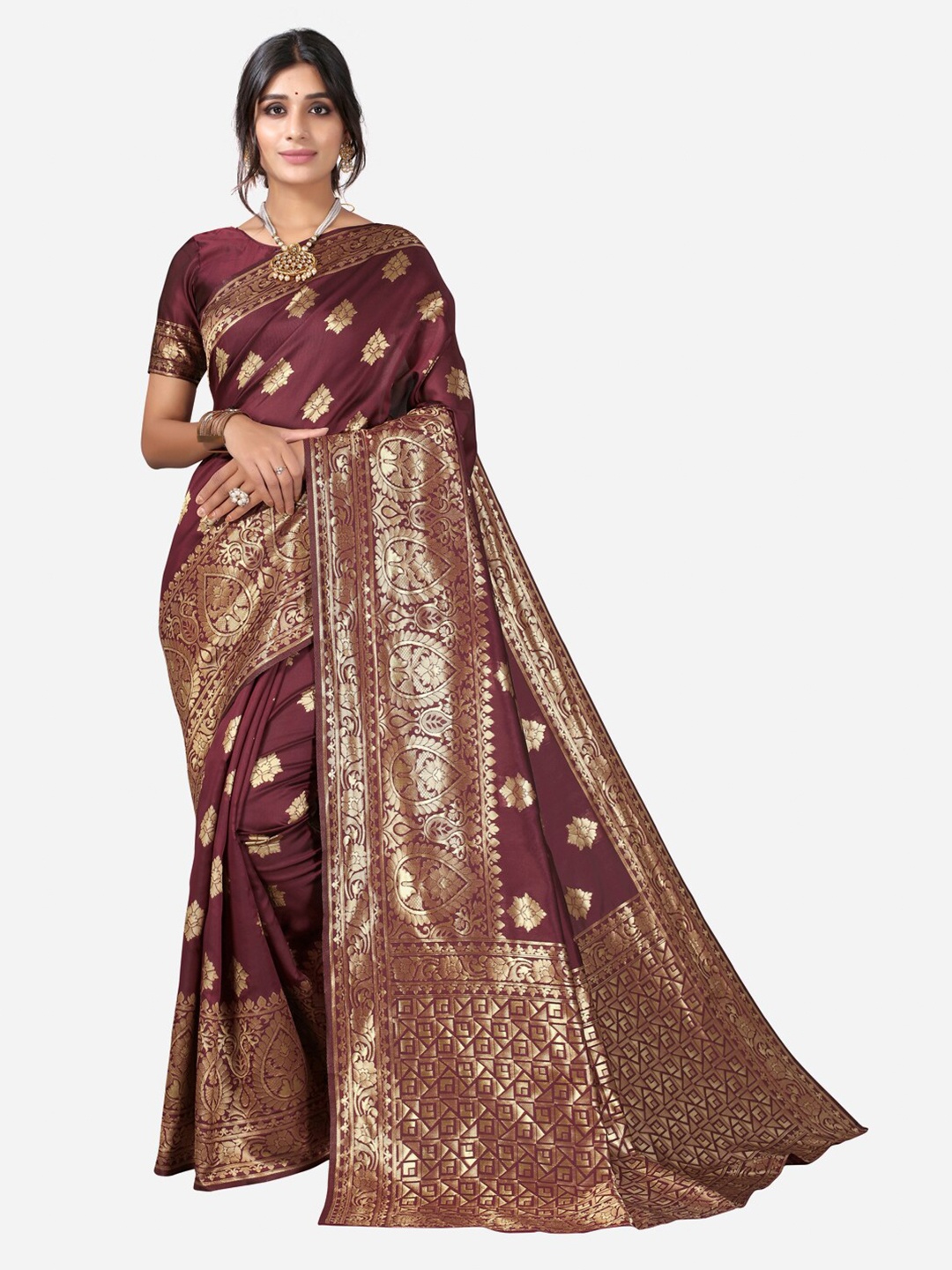Satrani Maroon & Golden Woven Design Zari Kanjeevaram Saree