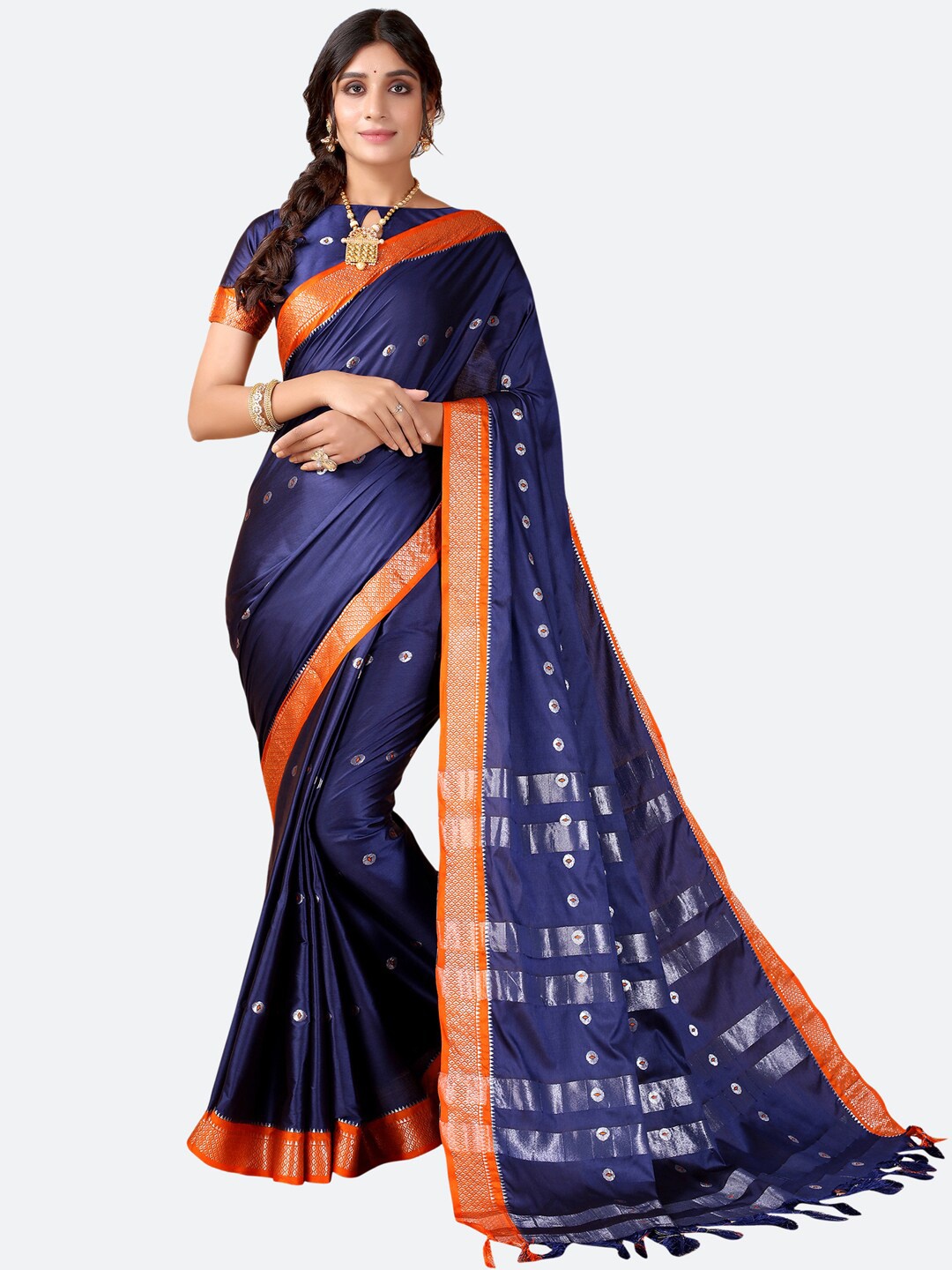 Satrani Navy Blue & Orange Woven Design Narayan Peth Saree