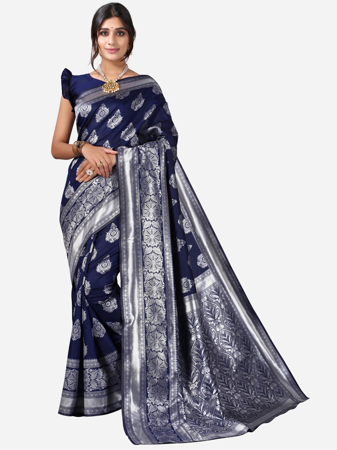 Satrani Blue & Silver-Toned Woven Design Kanjeevaram Saree