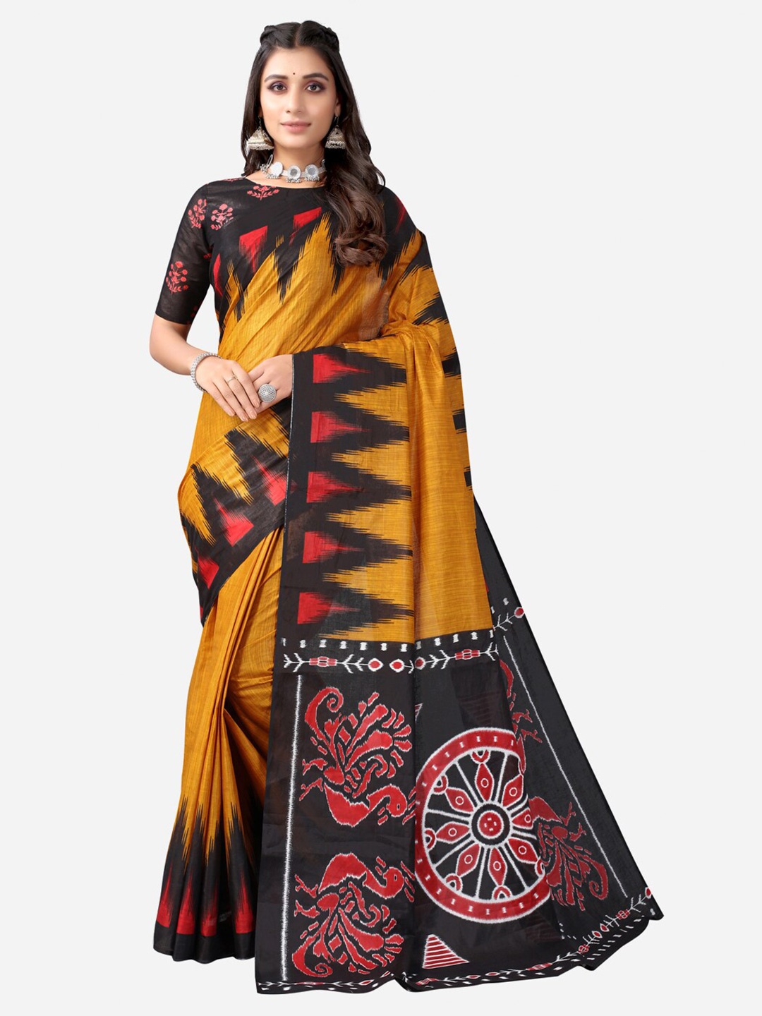 Satrani Mustard & Black Ethnic Motifs Saree