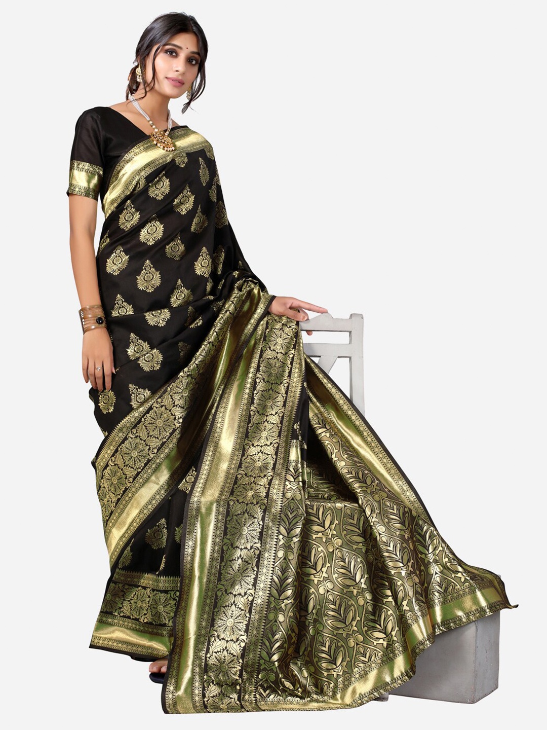 Satrani Black & Copper-Toned Woven Design Zari Kanjeevaram Saree