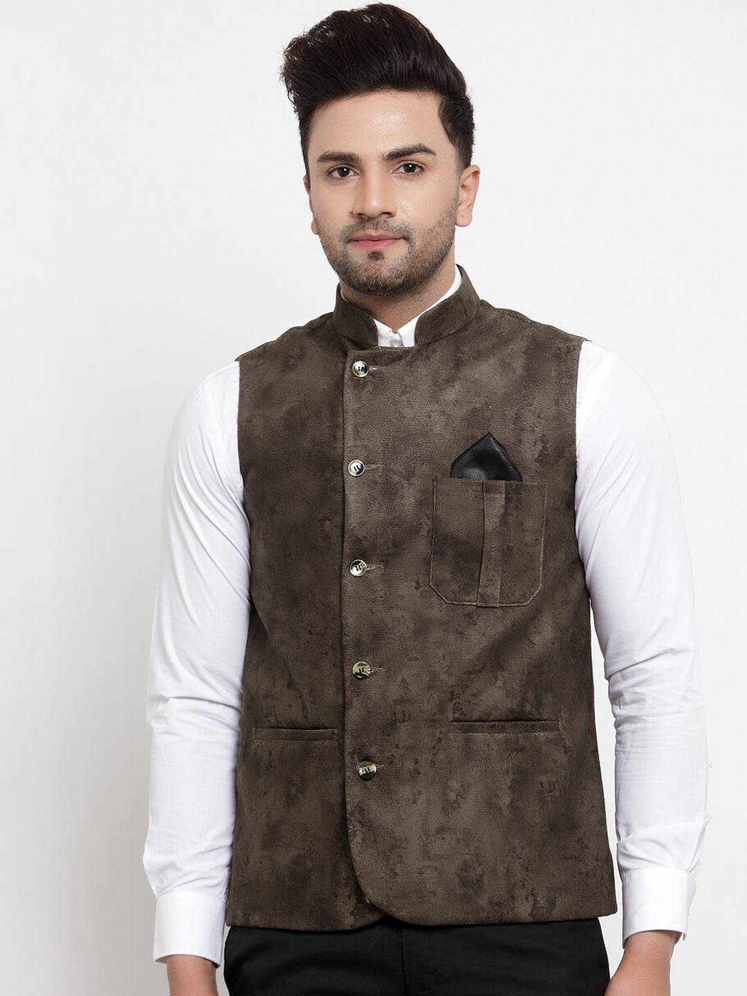 KLOTTHE Men Brown Abstract Woven Design Nehru Jacket